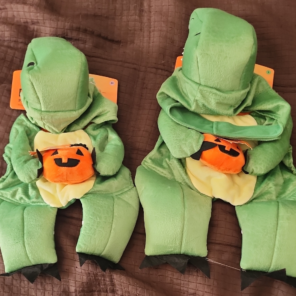 Boots & Barkley Green Dinosaur Costume with Orange Pumpkin Bag 2pcs L & M